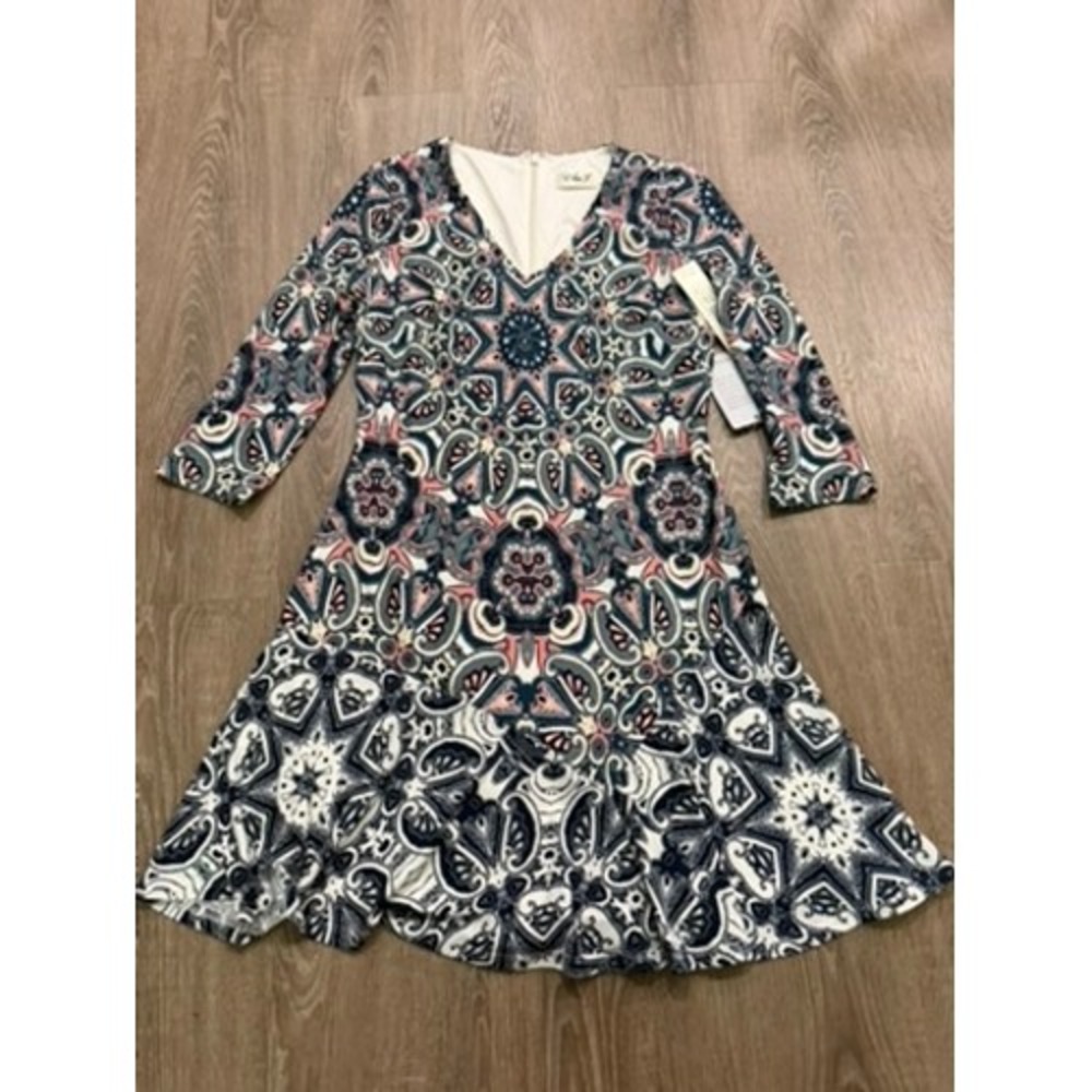Eliza J Womens 4P Paisley V-Neck Fit and Flare Dress Navy Pink EJ7P5838 NWT